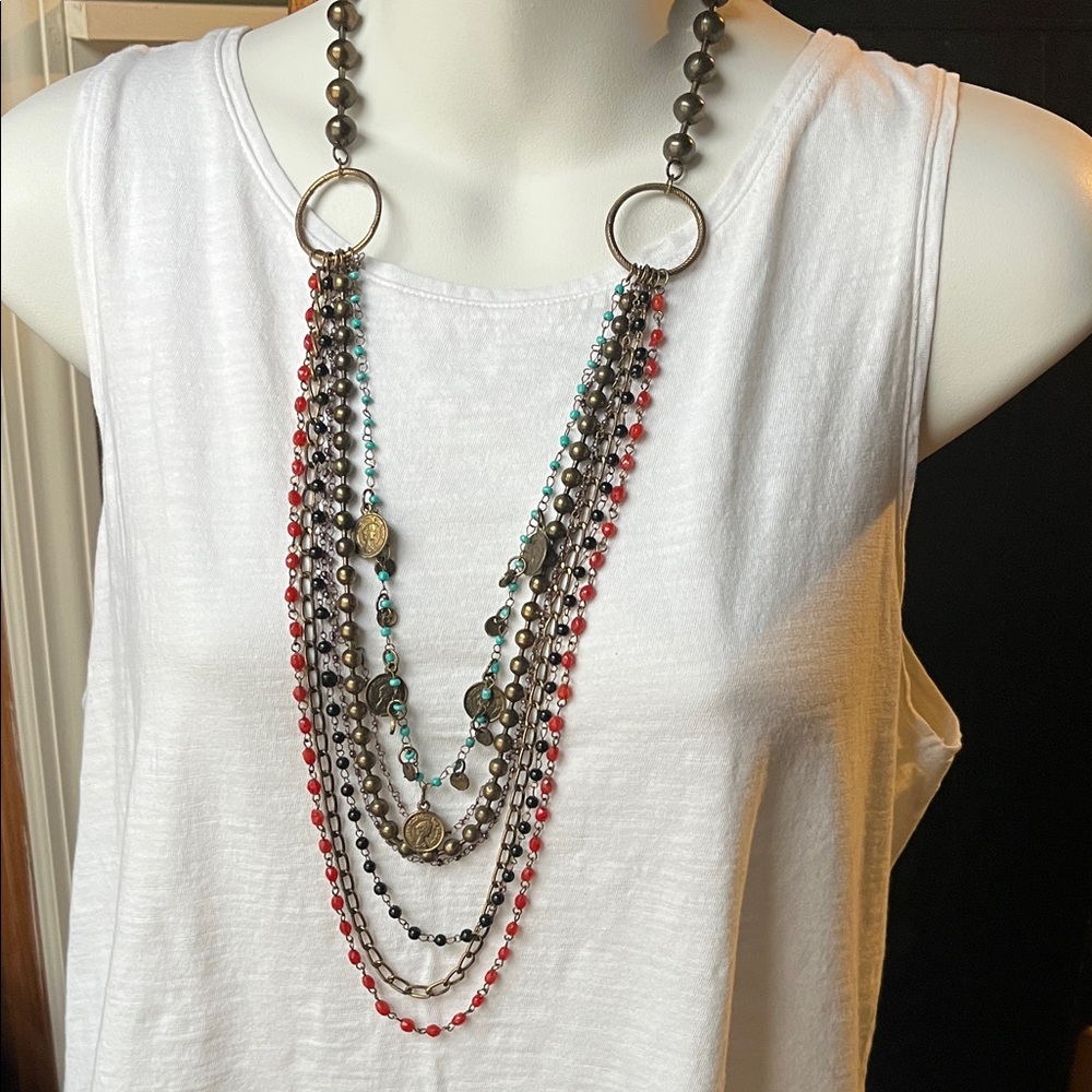 Multi-Layered Brass Tone Beaded Necklace